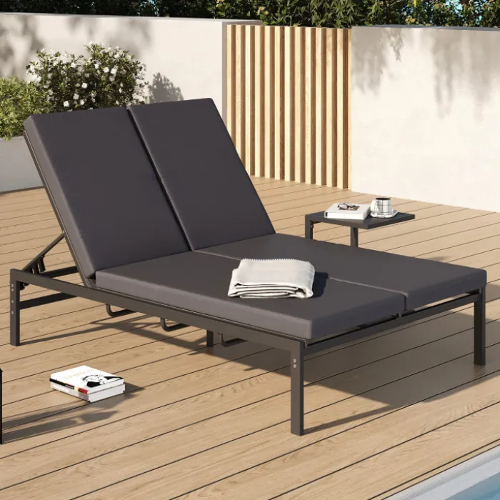 Lit bain de soleil double 182 cm métal avec matelas gris
