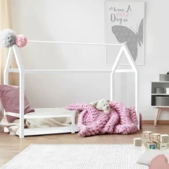 Lit cabane enfant blanc 90 x 190 cm style scandinave