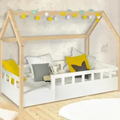 Lit cabane pour enfant blanc et hêtre 80x160 cm