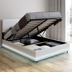 Lit coffre 2 places 140x190 en PVC blanc avec sommier et LED