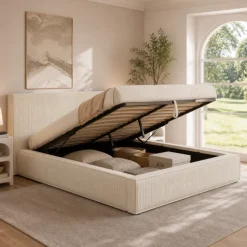 Lit coffre double avec sommier 140 x 190 cm velours côtelé beige