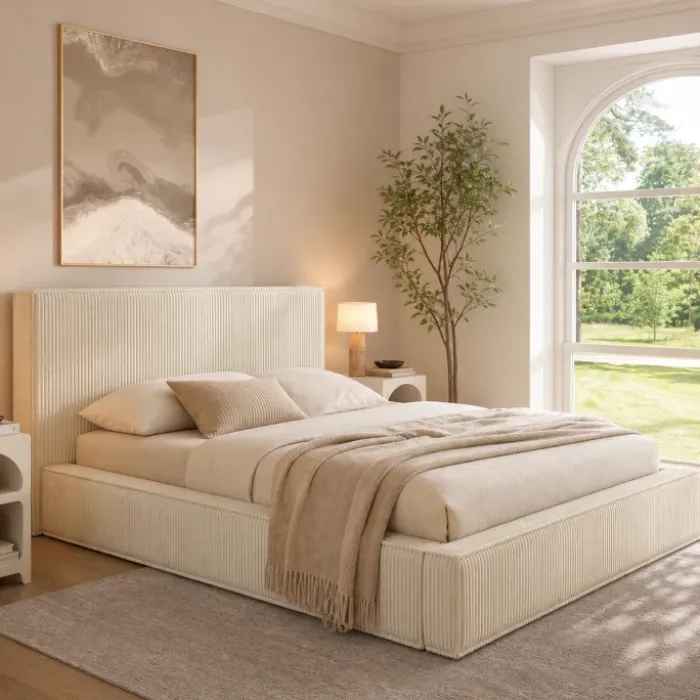 Lit coffre double avec sommier 140 x 190 cm velours côtelé beige