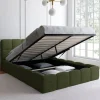 Lit coffre double avec sommier et tête de lit matelassée 140 x 190 cm tissu bouclette vert kaki