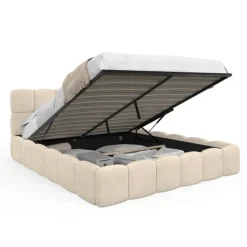 Lit coffre double avec sommier 160 x 200 cm et tête de lit matelassée velours beige