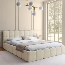 Lit coffre double avec sommier 160 x 200 cm et tête de lit matelassée velours beige