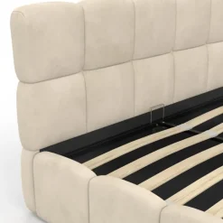 Lit coffre double avec sommier 160 x 200 cm et tête de lit matelassée velours beige