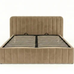 Lit coffre double avec tête de lit et sommier 140 x 190 cm velours taupe