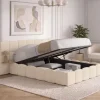Lit coffre double avec tête de lit matelassée + tables de chevet intégrées et sommier 140 x 190 cm velours beige