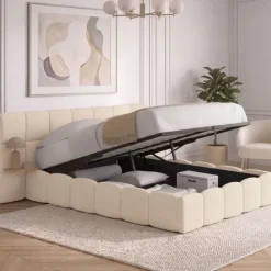 Lit coffre double avec tête de lit matelassée + tables de chevet intégrées et sommier 140 x 190 cm velours beige