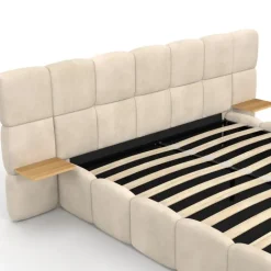 Lit coffre double avec tête de lit matelassée + tables de chevet intégrées et sommier 140 x 190 cm velours beige
