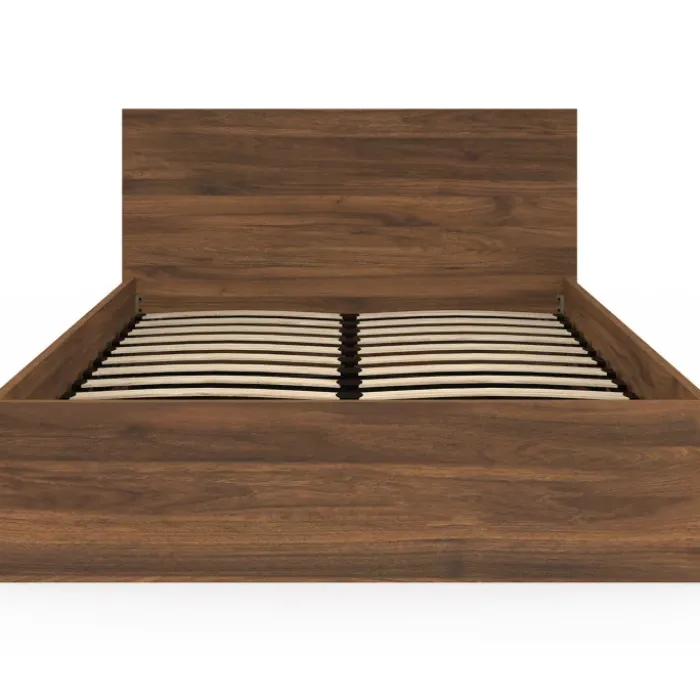 Lit coffre double avec tête de lit et sommier 140 x 190 cm effet noyer