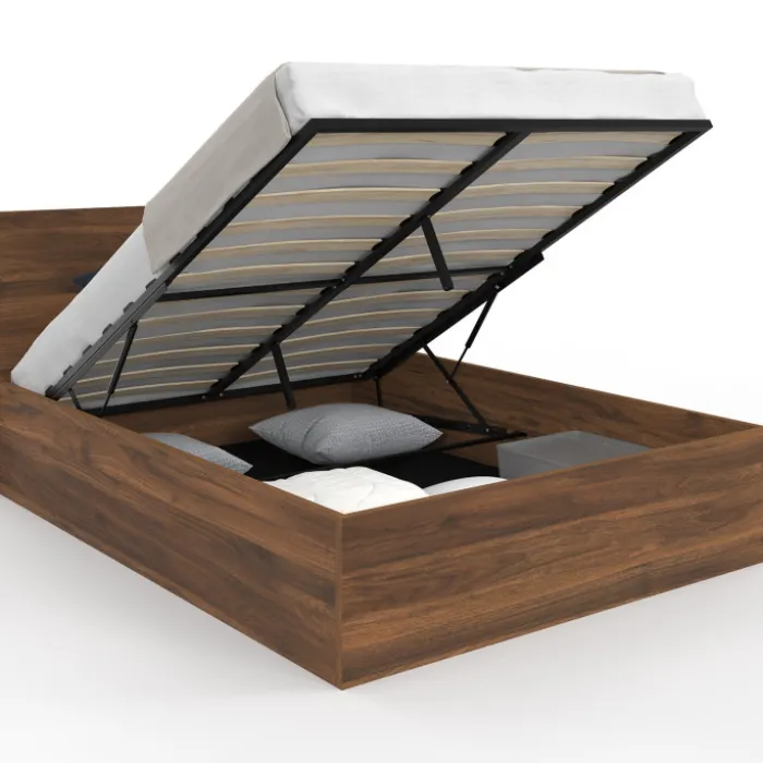 Lit coffre double avec tête de lit et sommier 140 x 190 cm effet noyer