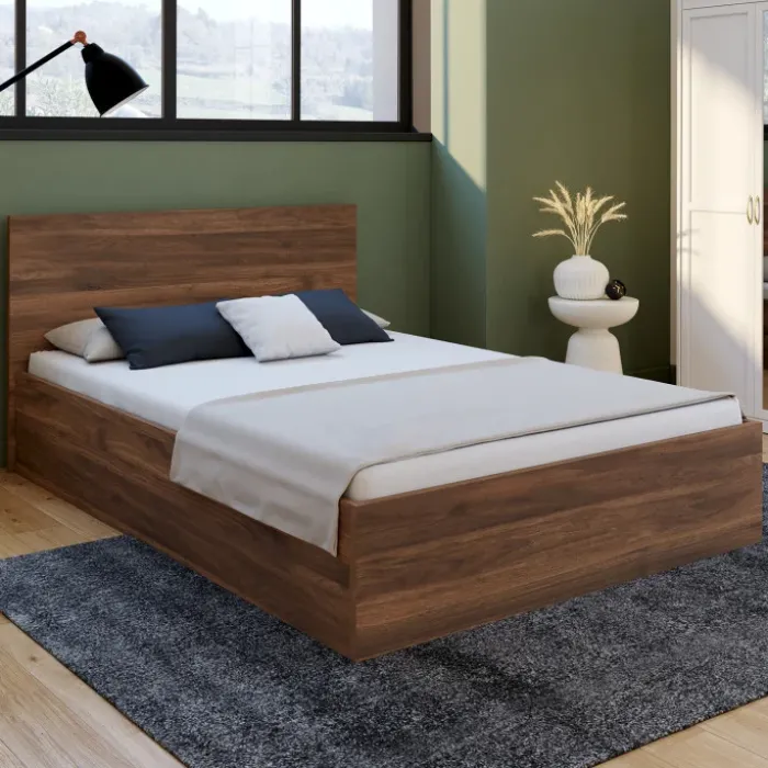 Lit coffre double avec tête de lit et sommier 140 x 190 cm effet noyer