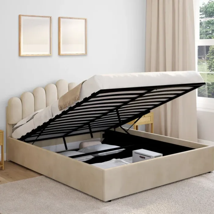 Lit coffre double avec tête de lit et sommier 160 x 200 cm velours beige