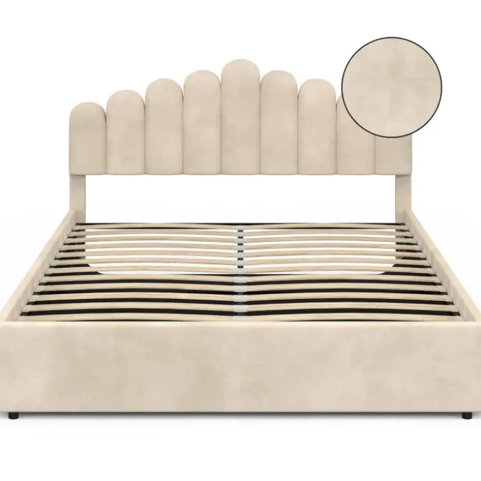 Lit coffre double avec tête de lit et sommier 160 x 200 cm velours beige