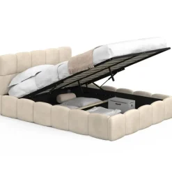 Lit coffre double avec tête de lit matelassée et sommier de 140 x 190 cm en velours beige