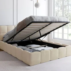 Lit coffre double avec tête de lit matelassée et sommier de 140 x 190 cm en velours beige