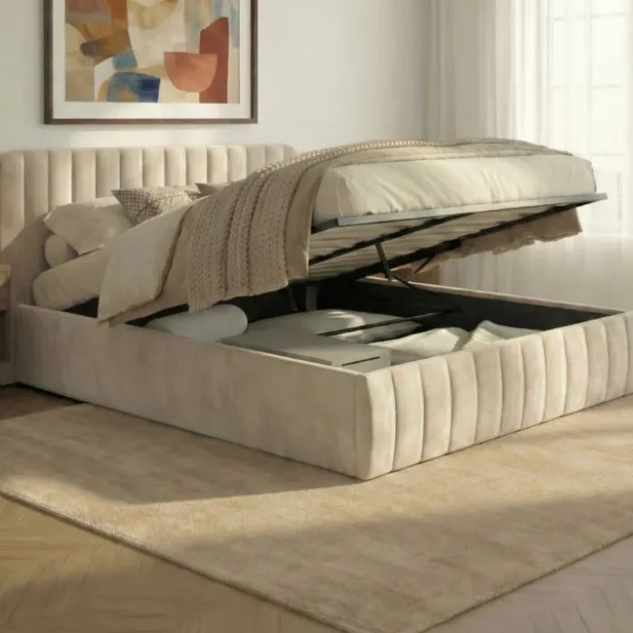Lit coffre double avec tête de lit en velours beige 160x200 cm
