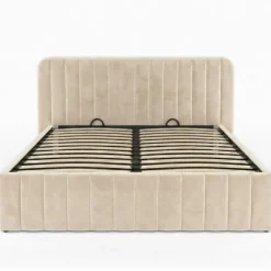 Lit coffre double avec tête de lit en velours beige 160x200 cm