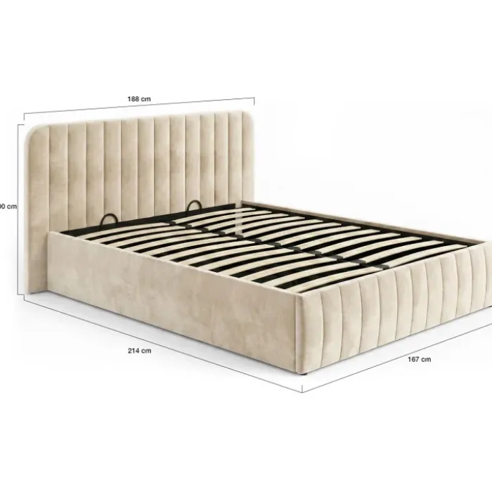 Lit coffre double avec tête de lit en velours beige 160x200 cm