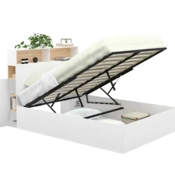 Lit coffre double avec tête de lit, rangements et sommier blanc et bois