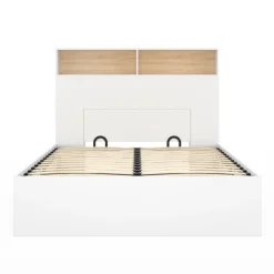 Lit coffre double avec tête de lit, rangements et sommier blanc et bois