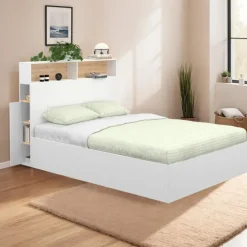 Lit coffre double avec tête de lit, rangements et sommier blanc et bois