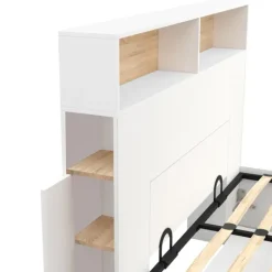 Lit coffre double avec tête de lit, rangements et sommier blanc et bois