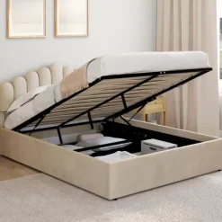 Lit coffre double avec tête de lit et sommier 140 x 190 cm velours beige
