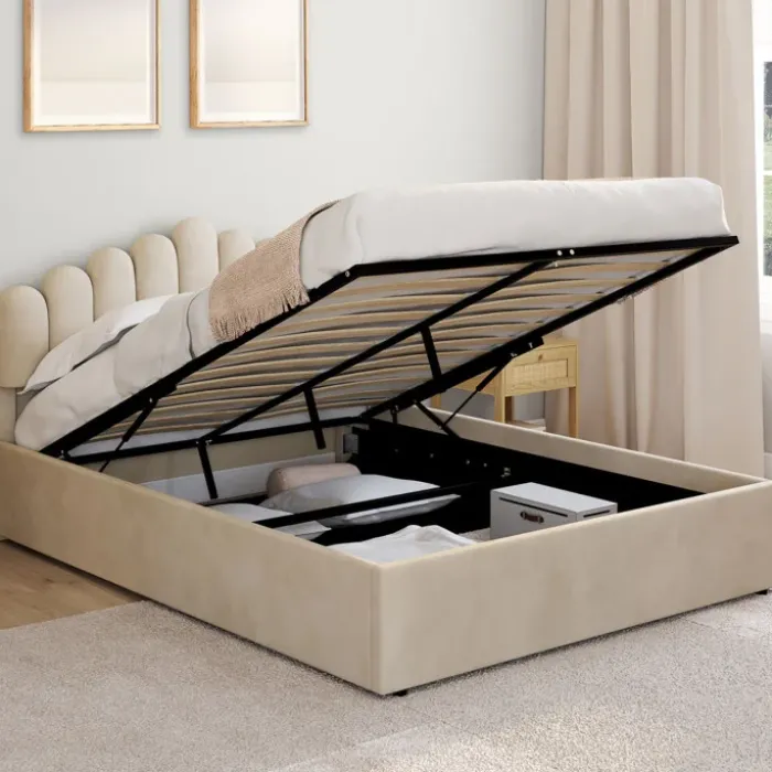 Lit coffre double avec tête de lit et sommier 140 x 190 cm velours beige