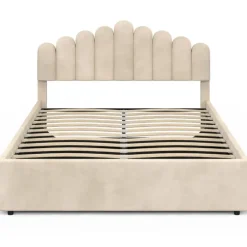 Lit coffre double avec tête de lit et sommier 140 x 190 cm velours beige