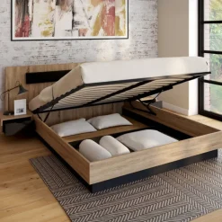 Lit coffre double avec tête de lit + tables de chevet intégrées et sommier 160 x 200 cm bois et noir