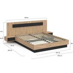Lit coffre double avec tête de lit + tables de chevet intégrées et sommier 160 x 200 cm bois et noir