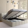 Lit coffre double NUAGE avec tête de lit matelassée et sommier 160 x 200 cm tissu bouclette blanc