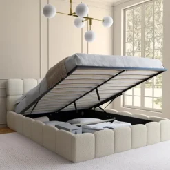 Lit coffre double NUAGE avec tête de lit matelassée et sommier 160 x 200 cm tissu bouclette blanc