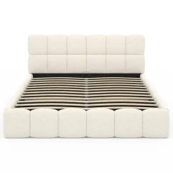Lit coffre double NUAGE avec tête de lit matelassée et sommier 160 x 200 cm tissu bouclette blanc