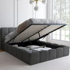 Lit coffre double NUAGE avec tête de lit matelassée et sommier 140 x 190 cm velours gris