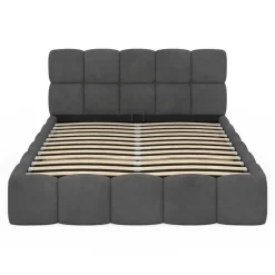 Lit coffre double NUAGE avec tête de lit matelassée et sommier 140 x 190 cm velours gris