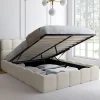 Lit coffre double tissu bouclette avec sommier 140 x 190 cm et tête de lit matelassée blanc