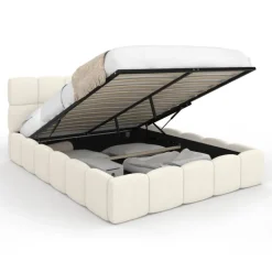 Lit coffre double tissu bouclette avec sommier 140 x 190 cm et tête de lit matelassée blanc