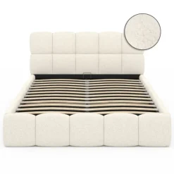 Lit coffre double tissu bouclette avec sommier 140 x 190 cm et tête de lit matelassée blanc
