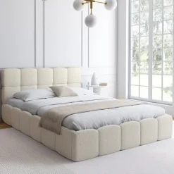 Lit coffre double tissu bouclette avec sommier 140 x 190 cm et tête de lit matelassée blanc