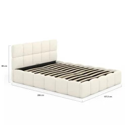Lit coffre double tissu bouclette avec sommier 140 x 190 cm et tête de lit matelassée blanc