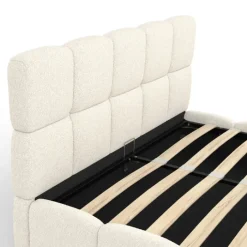 Lit coffre double tissu bouclette avec sommier 140 x 190 cm et tête de lit matelassée blanc