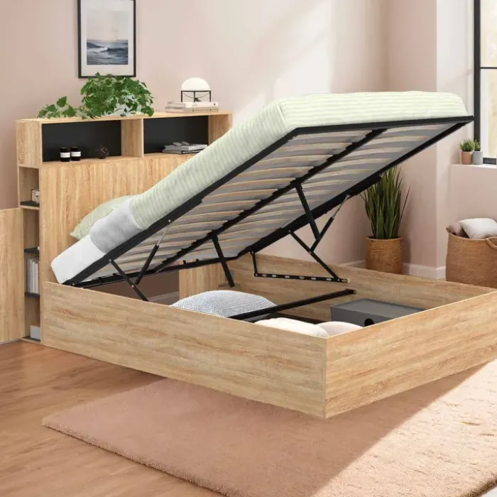 Lit coffre double 140x190 cm avec tête de lit façon hêtre et noir