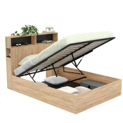 Lit coffre double 140x190 cm avec tête de lit façon hêtre et noir