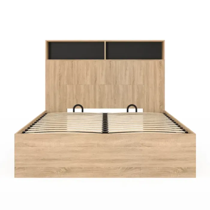 Lit coffre double 140x190 cm avec tête de lit façon hêtre et noir