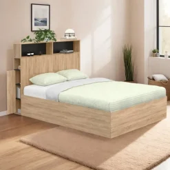 Lit coffre double 140x190 cm avec tête de lit façon hêtre et noir
