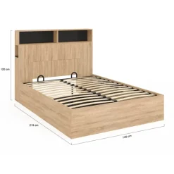 Lit coffre double 140x190 cm avec tête de lit façon hêtre et noir