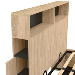 Lit coffre double 140x190 cm avec tête de lit façon hêtre et noir